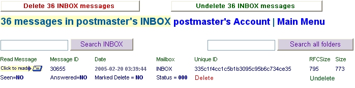 click the mailbox icon in the user account window to list all mail in that box